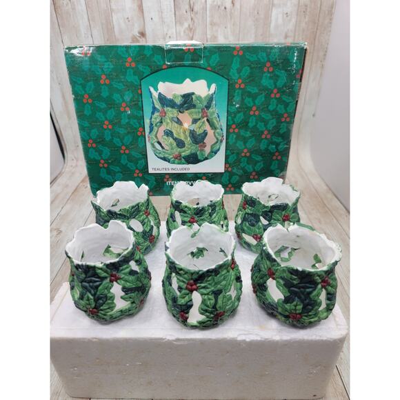 Vintage Christmas Holly Porcelain Votive Holders Set Of 6 Tealites Not Included - Picture 4 of 5